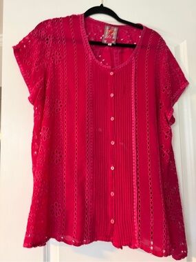 Johnny Was Women’s Beautiful Fuchsia Eyelet Button-Front Tunic Top,